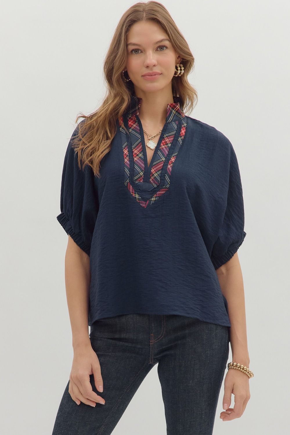 Full Run Solid Dolman Sleeve Plaid Contrast Top By Entro