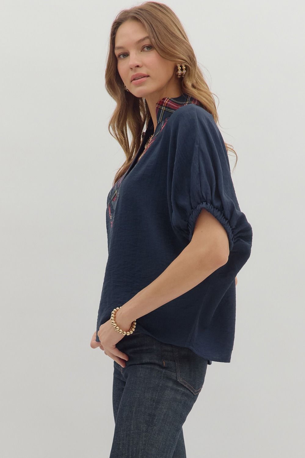 Full Run Solid Dolman Sleeve Plaid Contrast Top By Entro
