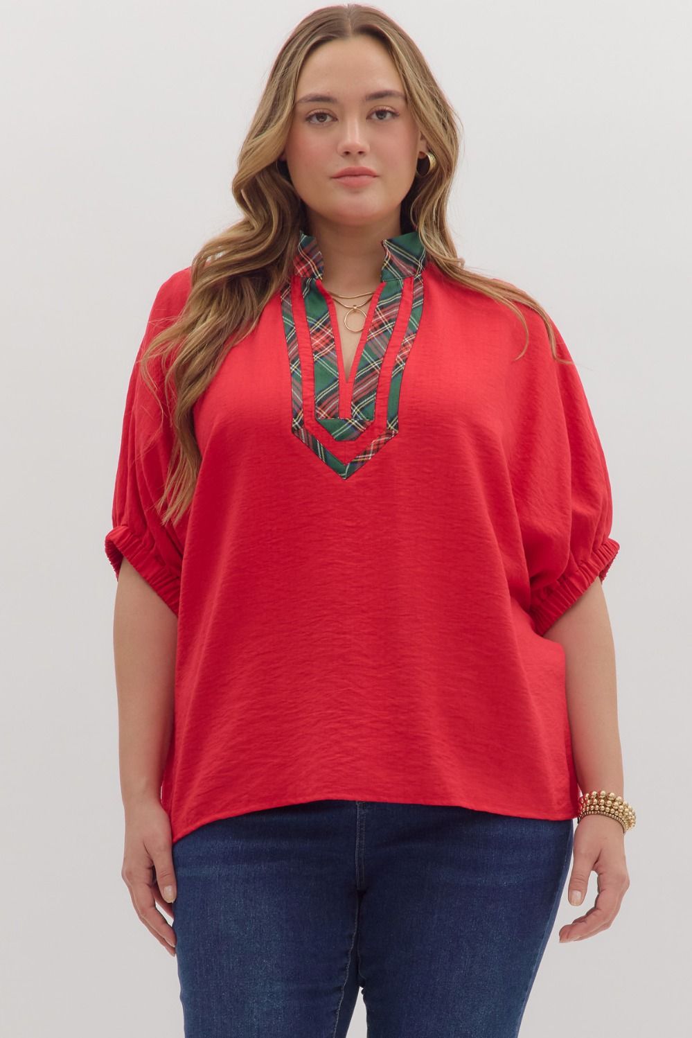 Full Run Solid Dolman Sleeve Plaid Contrast Top By Entro