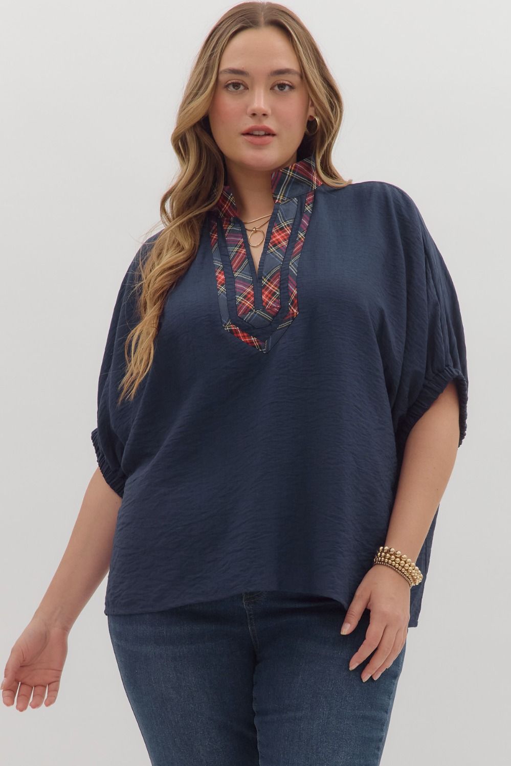 Full Run Solid Dolman Sleeve Plaid Contrast Top By Entro
