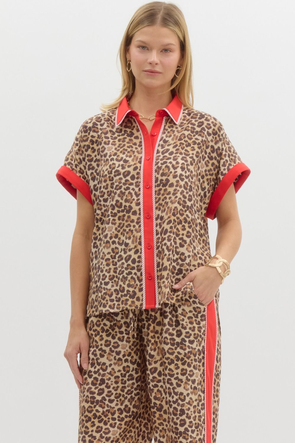 Leopard Print Short Sleeve with Red Stripe Top