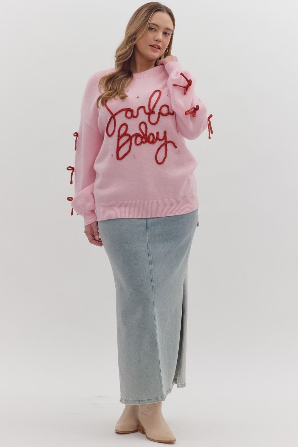 Round Neck Knit Sweater w/ Santa Baby Letter Trim By Entro