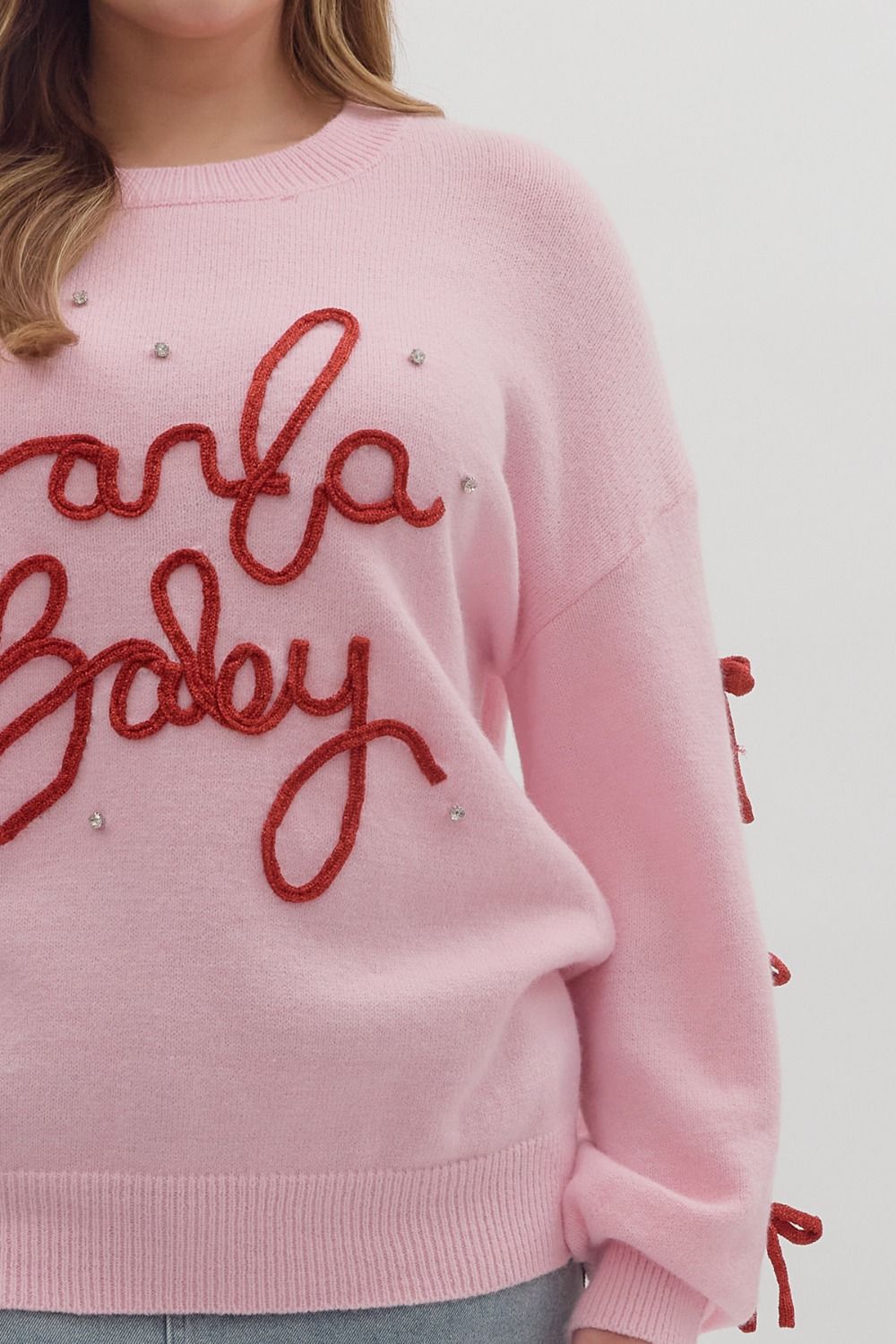 Round Neck Knit Sweater w/ Santa Baby Letter Trim By Entro