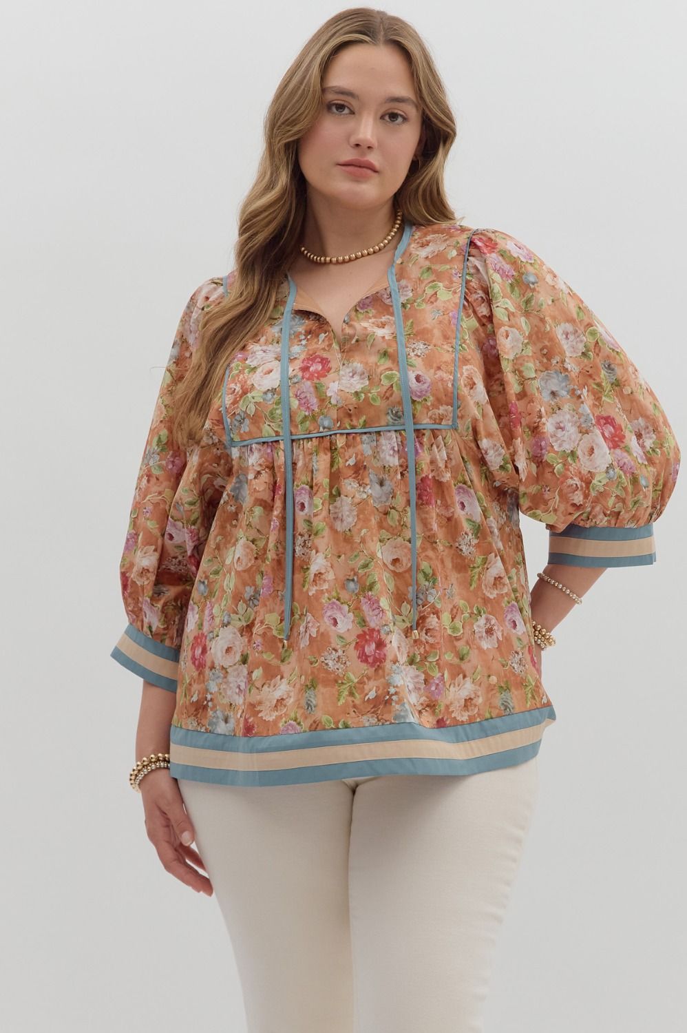 Vintage floral pattern ¾ sleeve empire waist loose top by Entro