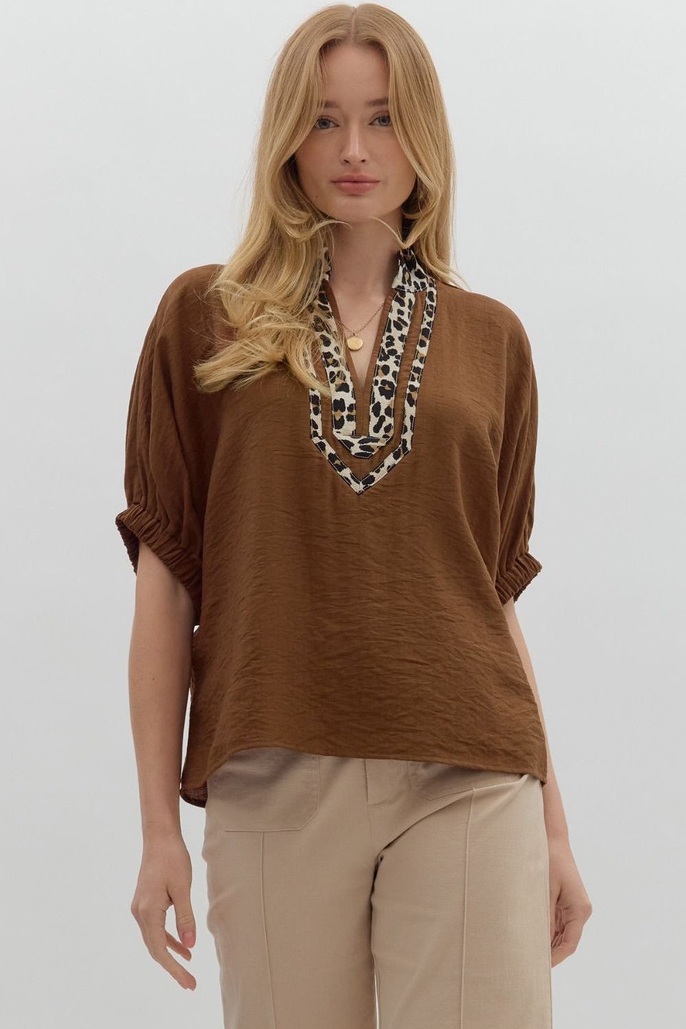 Leopard Caftan Neckline Dolman Top By Entro