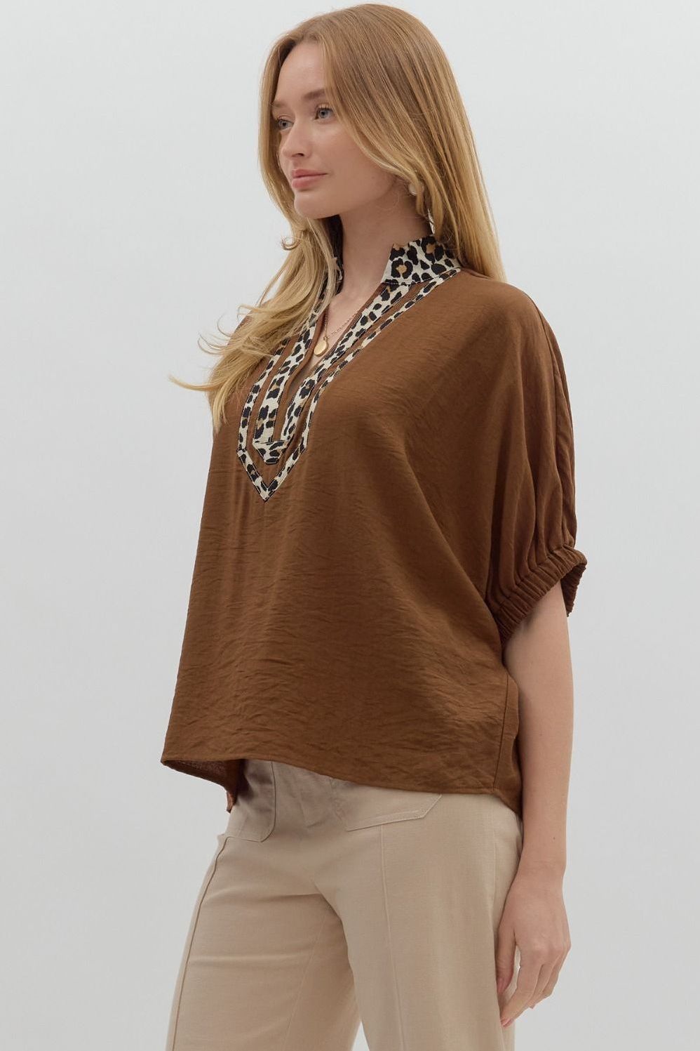 Leopard Caftan Neckline Dolman Top By Entro