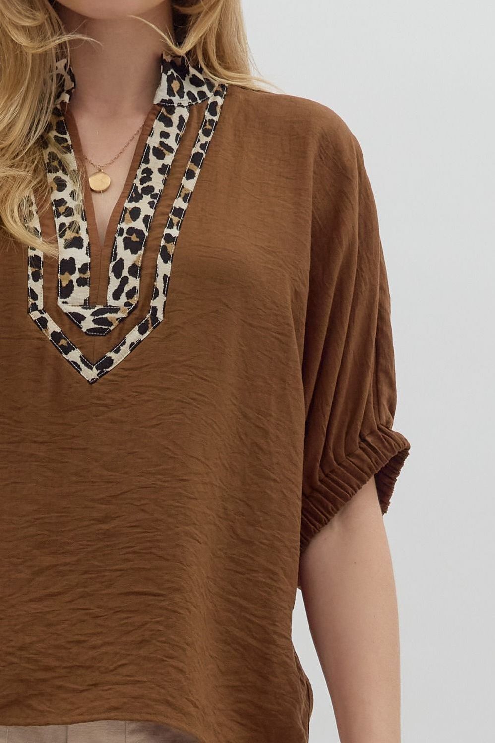 Leopard Caftan Neckline Dolman Top By Entro