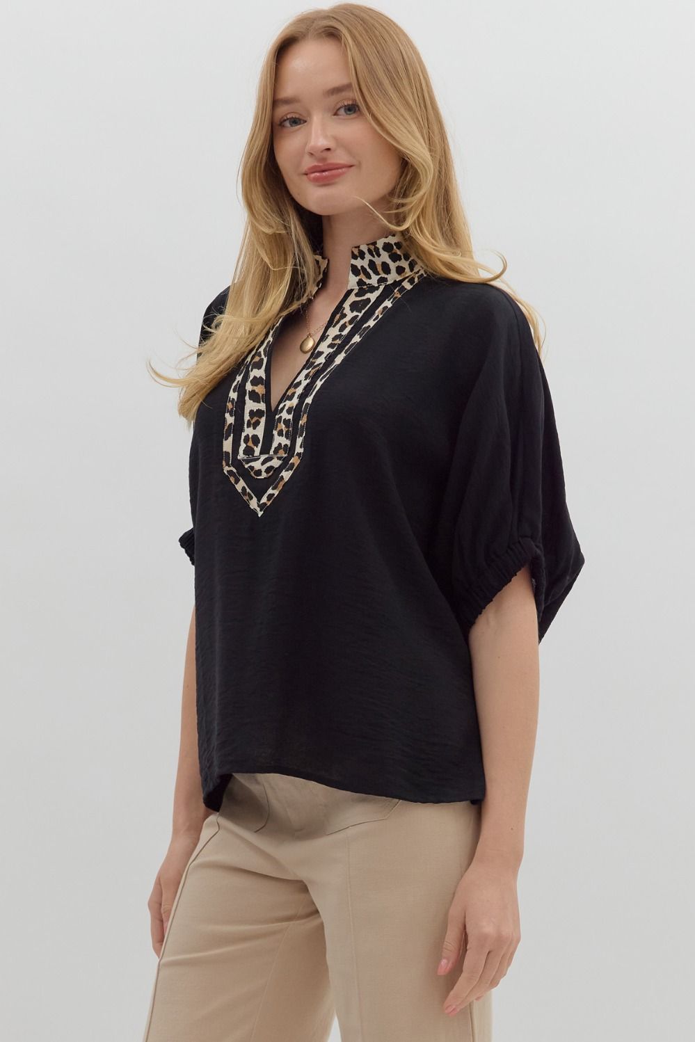 Leopard Caftan Neckline Dolman Top By Entro