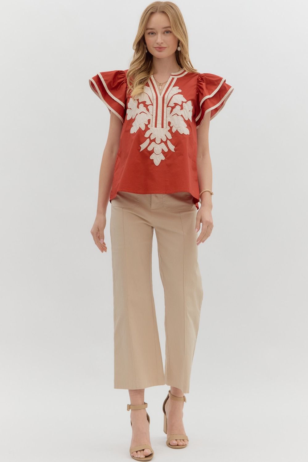 Solid Flutter Sleeve V Neck Top By Entro