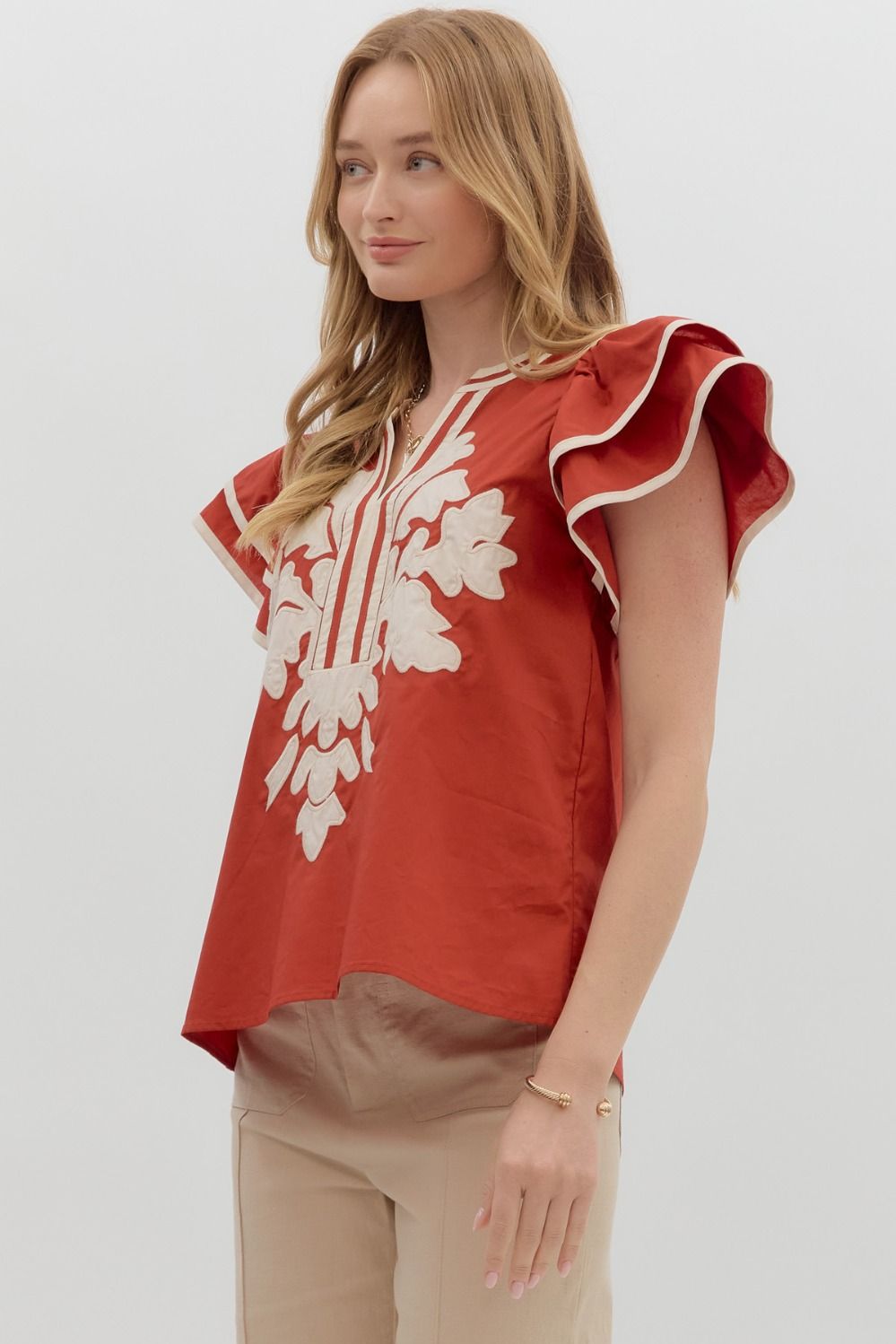 Solid Flutter Sleeve V Neck Top By Entro