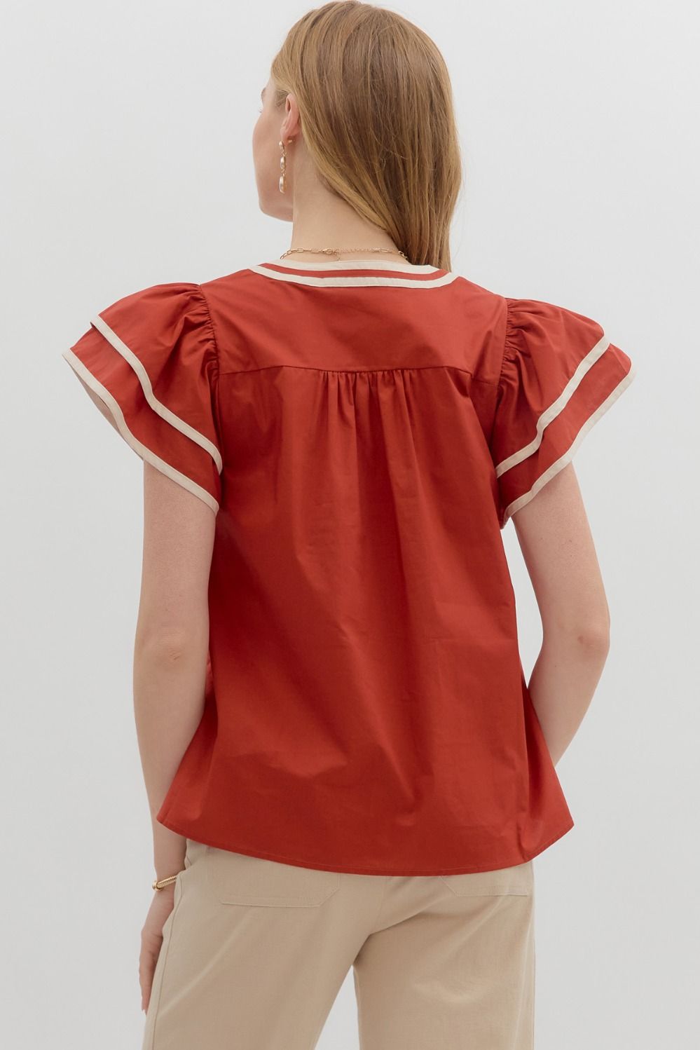 Solid Flutter Sleeve V Neck Top By Entro
