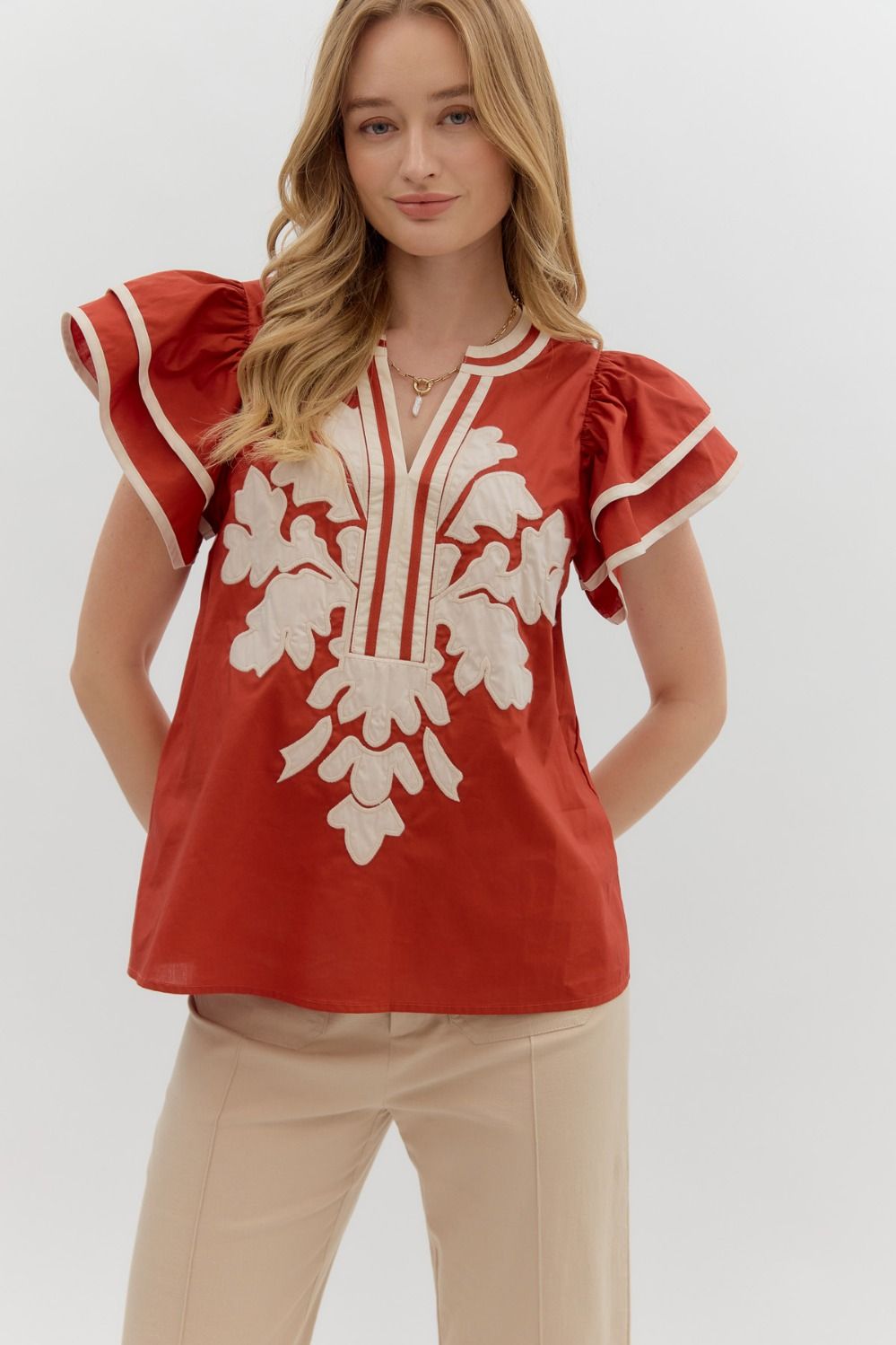 Solid Flutter Sleeve V Neck Top By Entro