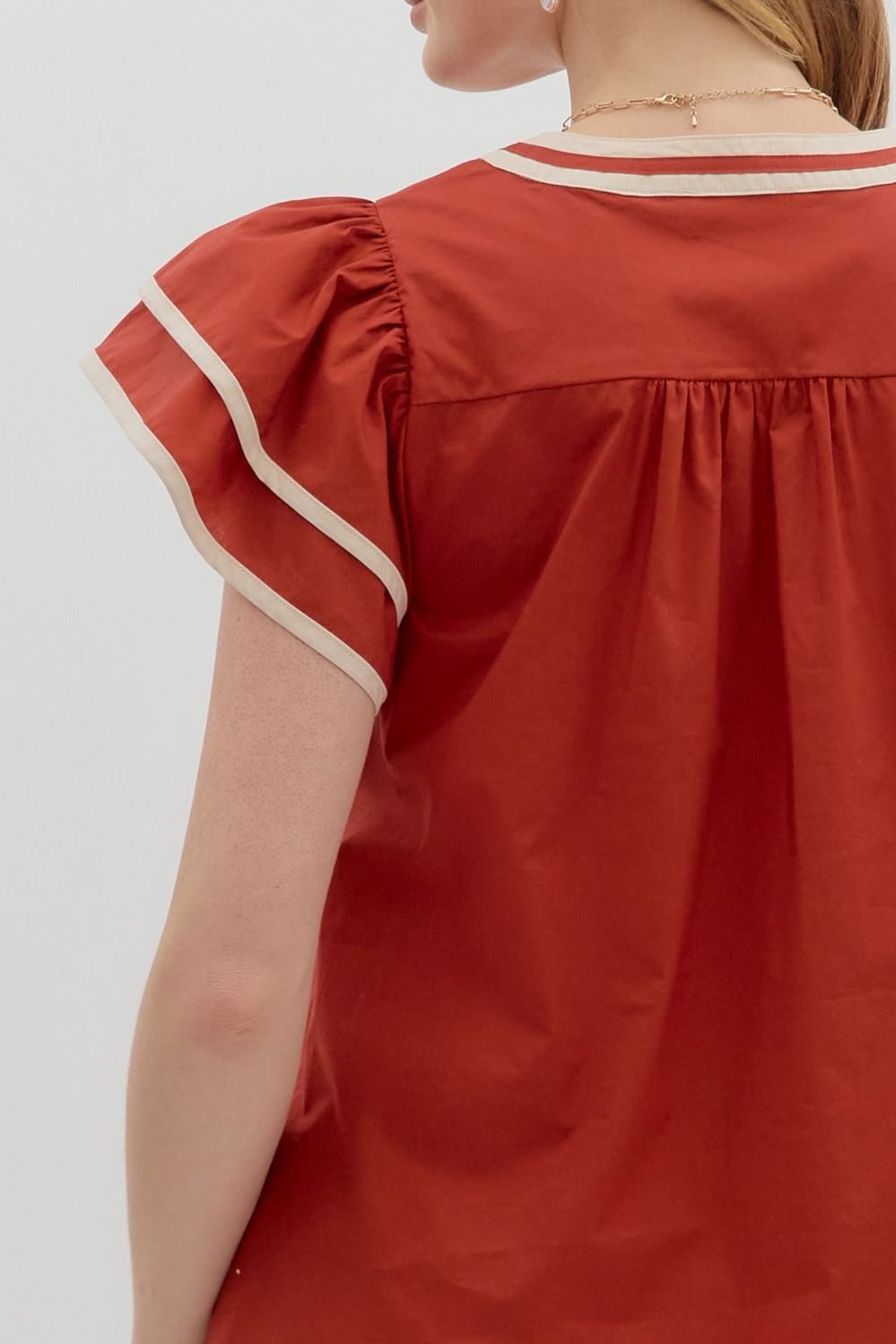 Solid Flutter Sleeve V Neck Top By Entro