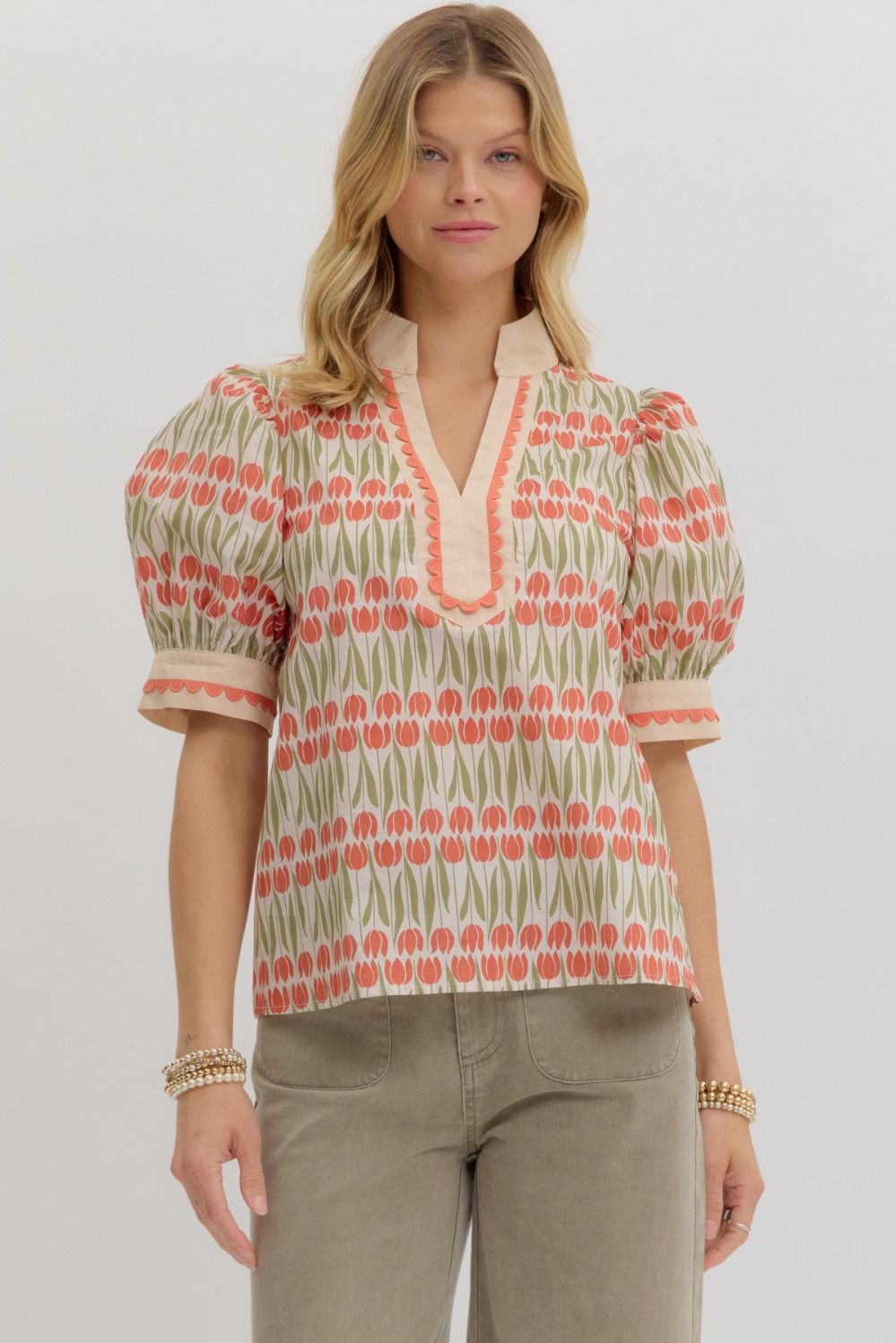 Floral Caftan Neck Scallop Trim Top By Entro