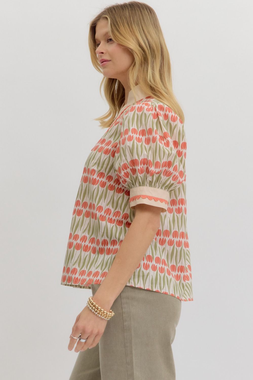Floral Caftan Neck Scallop Trim Top By Entro