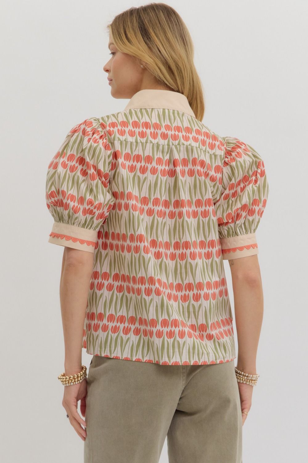 Floral Caftan Neck Scallop Trim Top By Entro