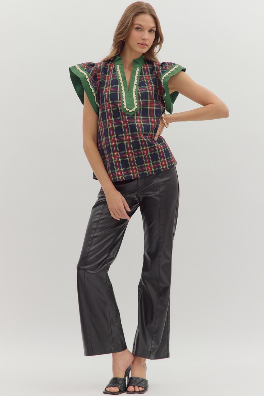 Full Run Plaid Pattern Scallop Trim Accent Flutter Top By Entro