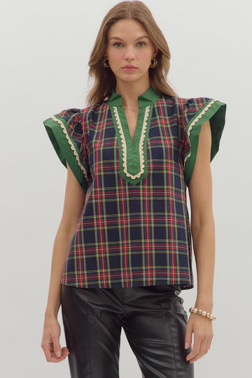 Full Run Plaid Pattern Scallop Trim Accent Flutter Top By Entro