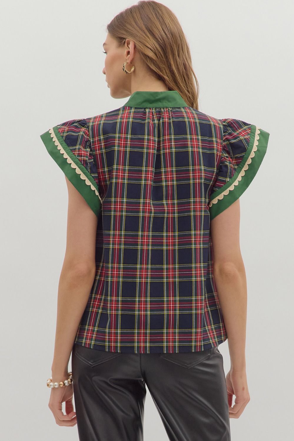 Full Run Plaid Pattern Scallop Trim Accent Flutter Top By Entro