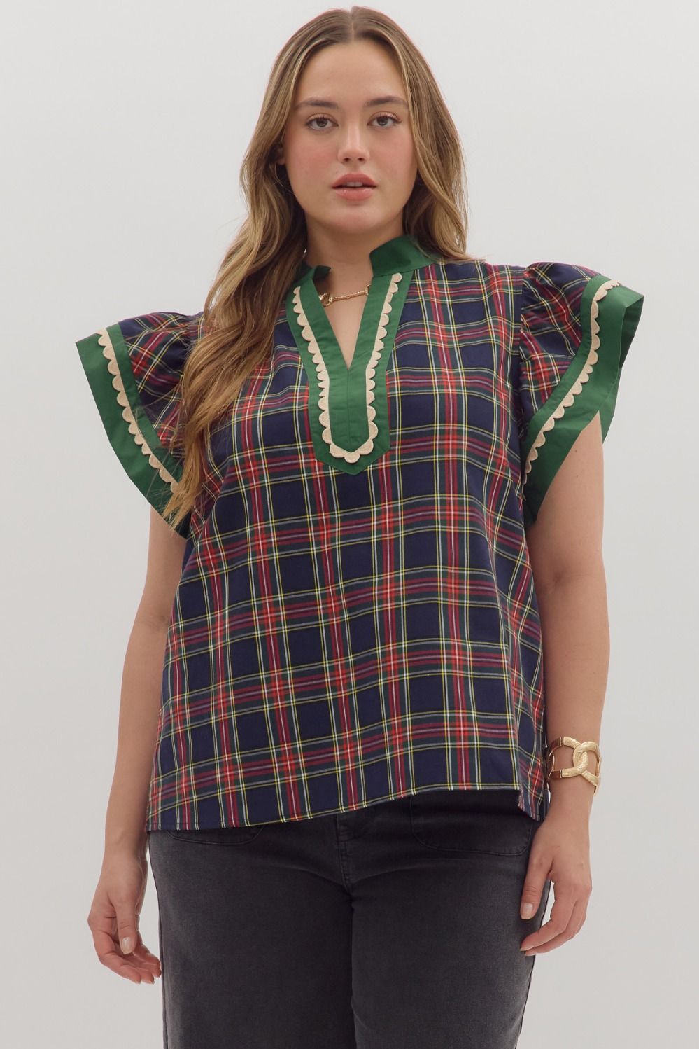 Full Run Plaid Pattern Scallop Trim Accent Flutter Top By Entro