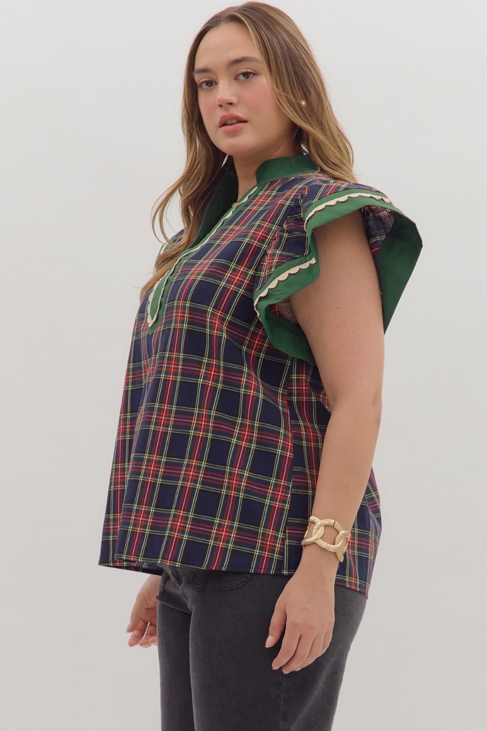 Full Run Plaid Pattern Scallop Trim Accent Flutter Top By Entro