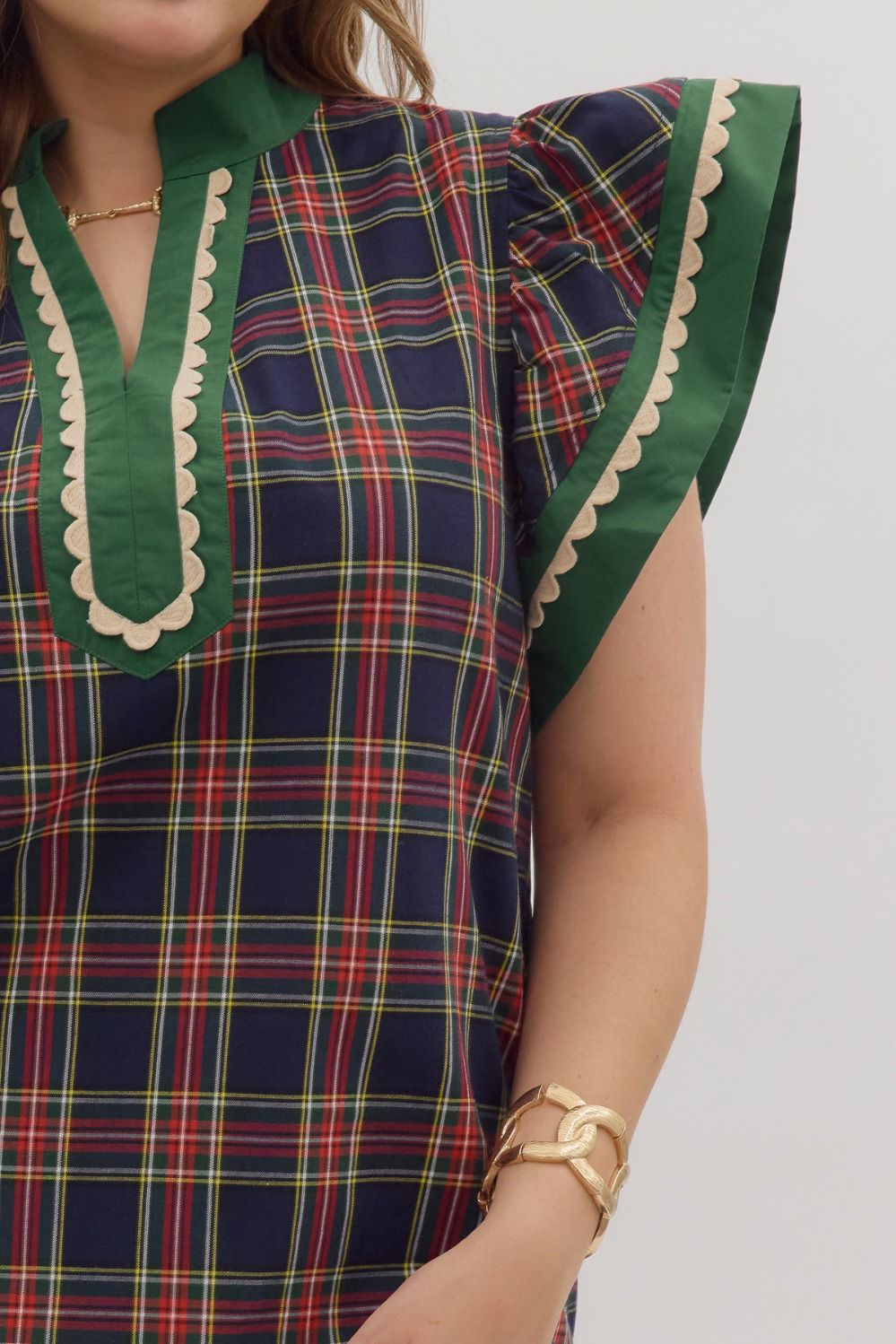 Full Run Plaid Pattern Scallop Trim Accent Flutter Top By Entro
