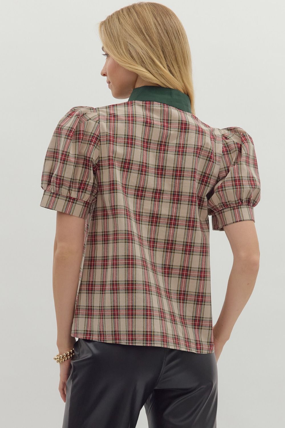 R/D Plaid Pattern Cuff Band Short Sleeve Top By Entro