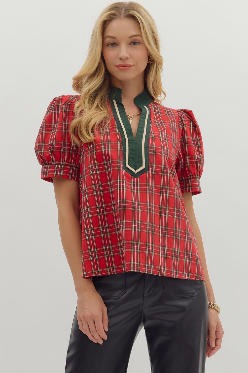 R/D Plaid Pattern Cuff Band Short Sleeve Top By Entro