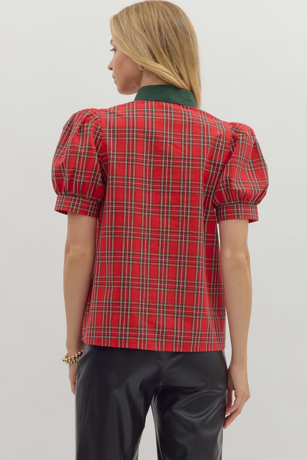 R/D Plaid Pattern Cuff Band Short Sleeve Top By Entro