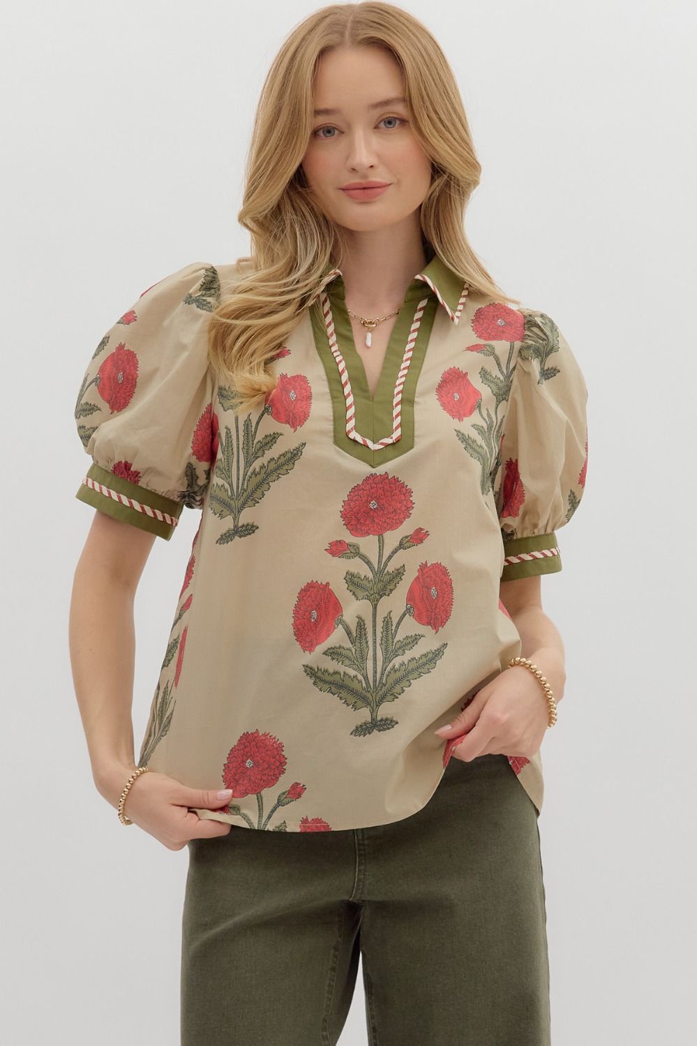 Poppy Puff Sleeve V Neck Blouse By Entro