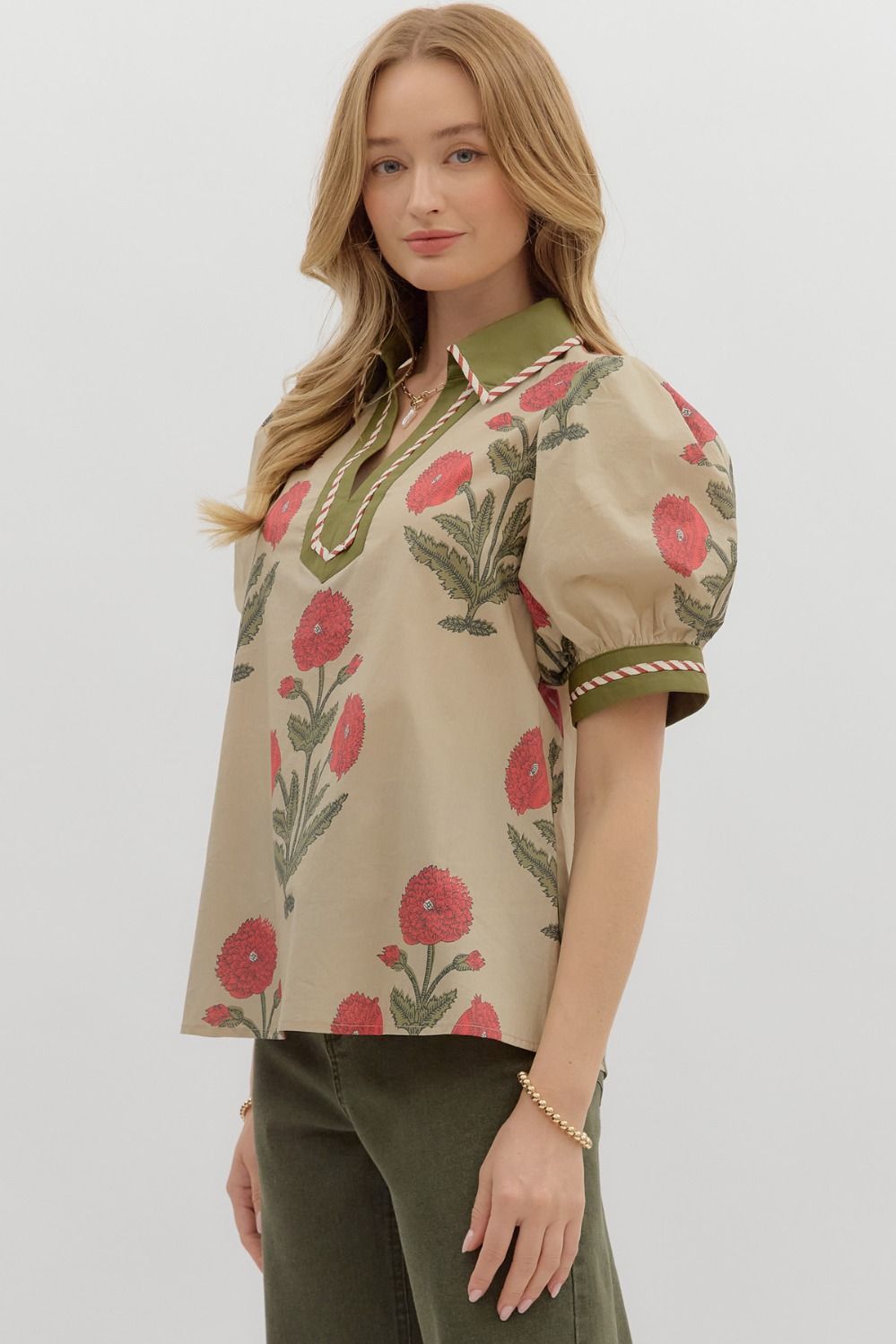 Poppy Puff Sleeve V Neck Blouse By Entro