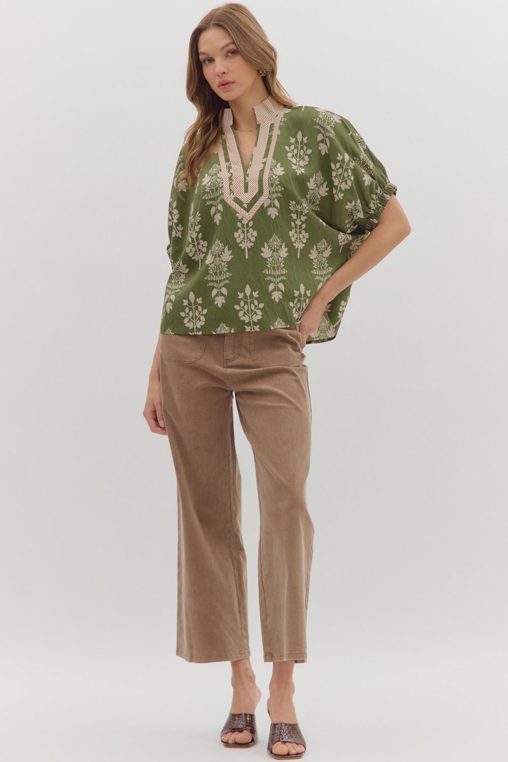 Abstract Botanical Print Short Dolman Sleeve Top By Entro