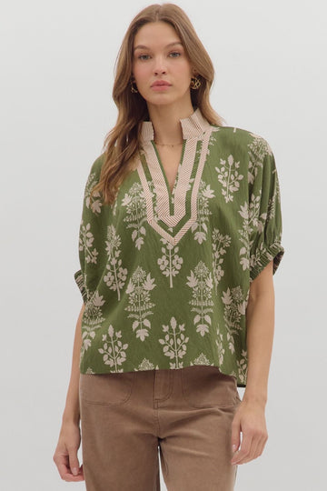 Abstract Botanical Print Short Dolman Sleeve Top By Entro