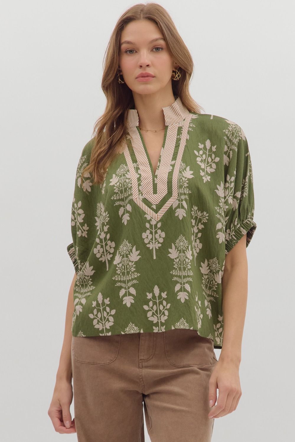 Abstract Botanical Print Short Dolman Sleeve Top By Entro