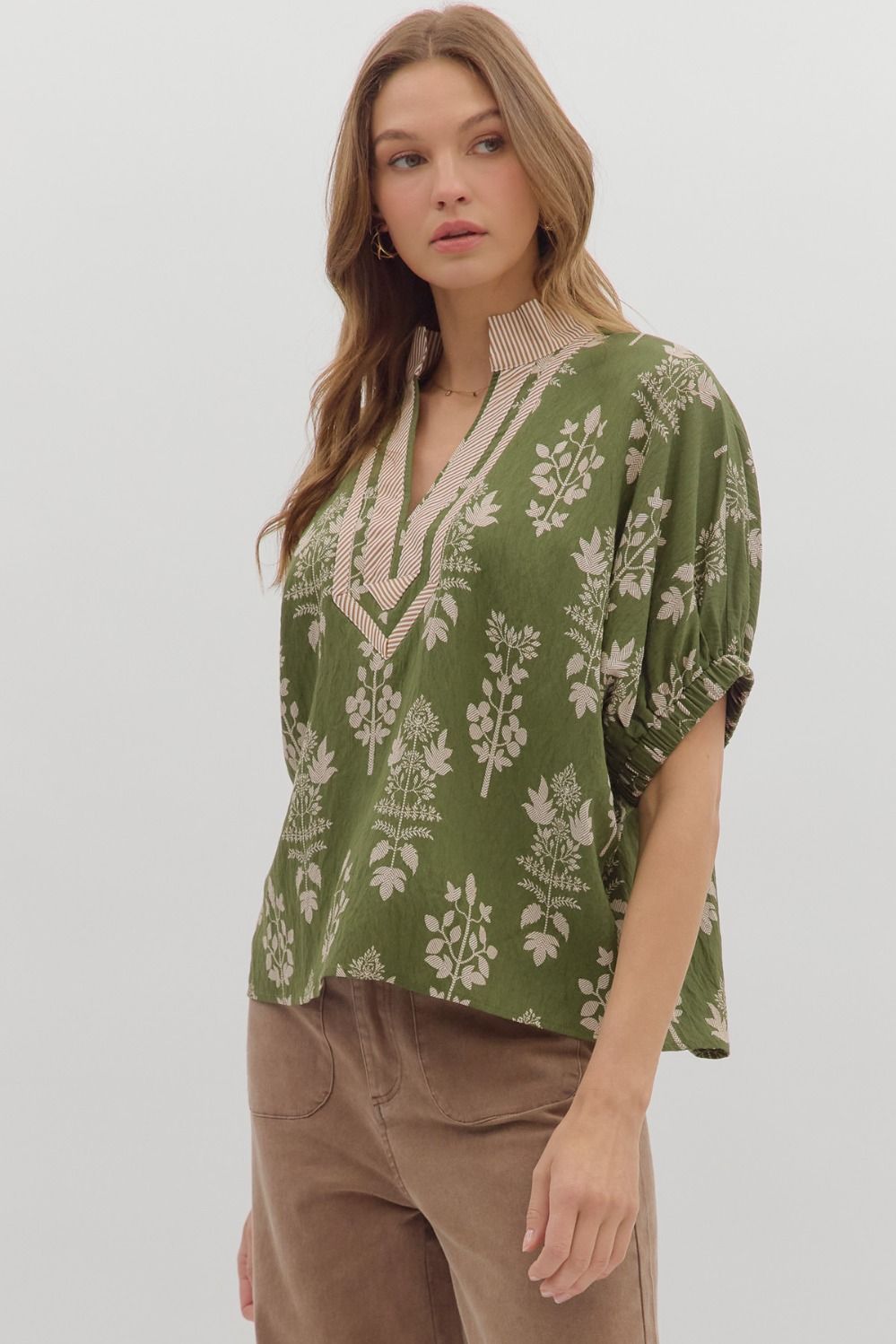 Abstract Botanical Print Short Dolman Sleeve Top By Entro