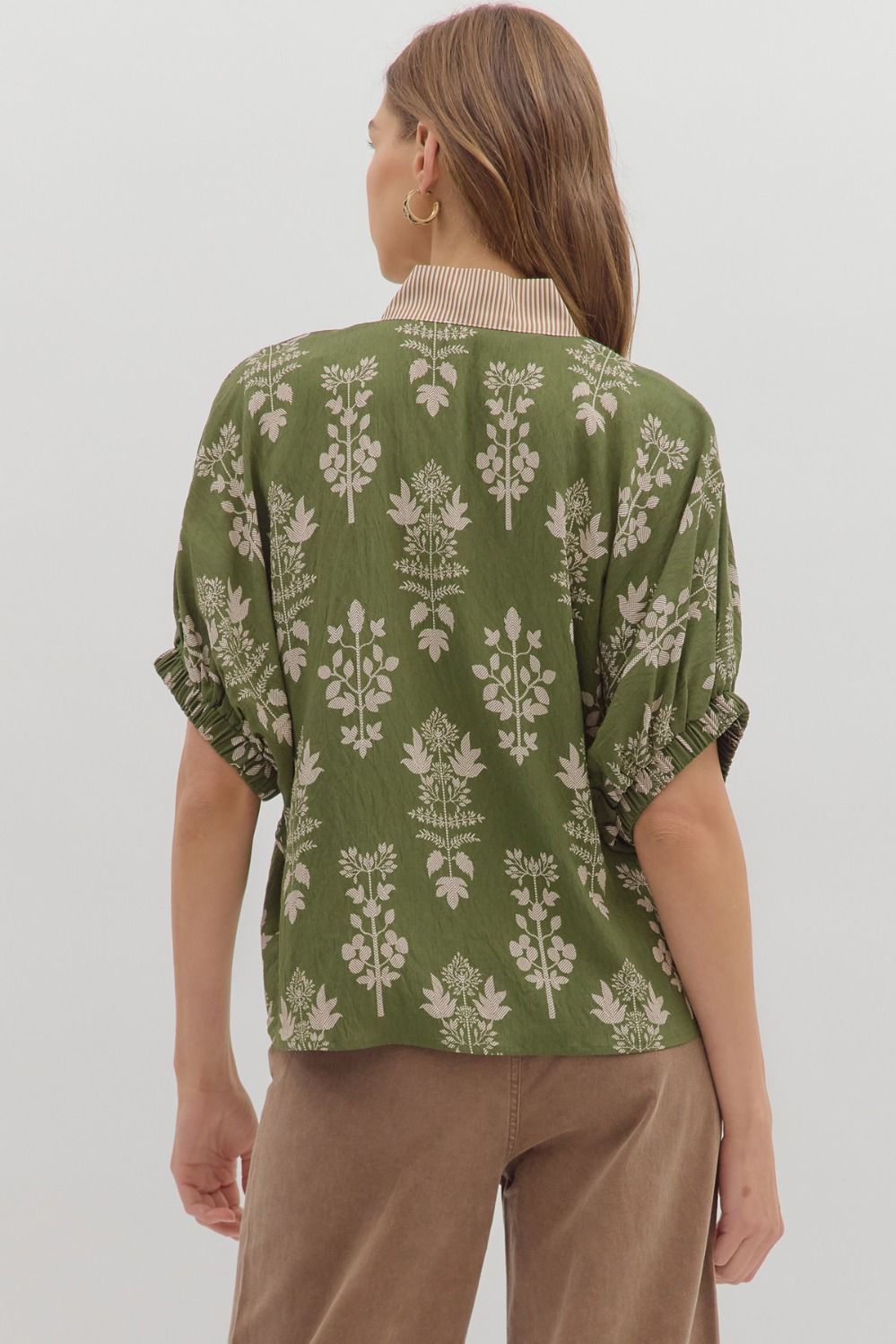 Abstract Botanical Print Short Dolman Sleeve Top By Entro