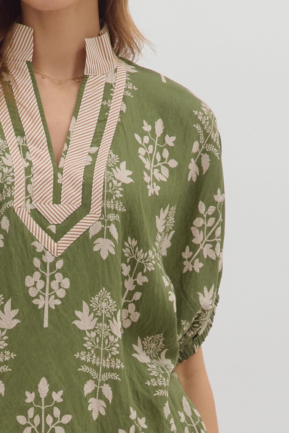 Abstract Botanical Print Short Dolman Sleeve Top By Entro