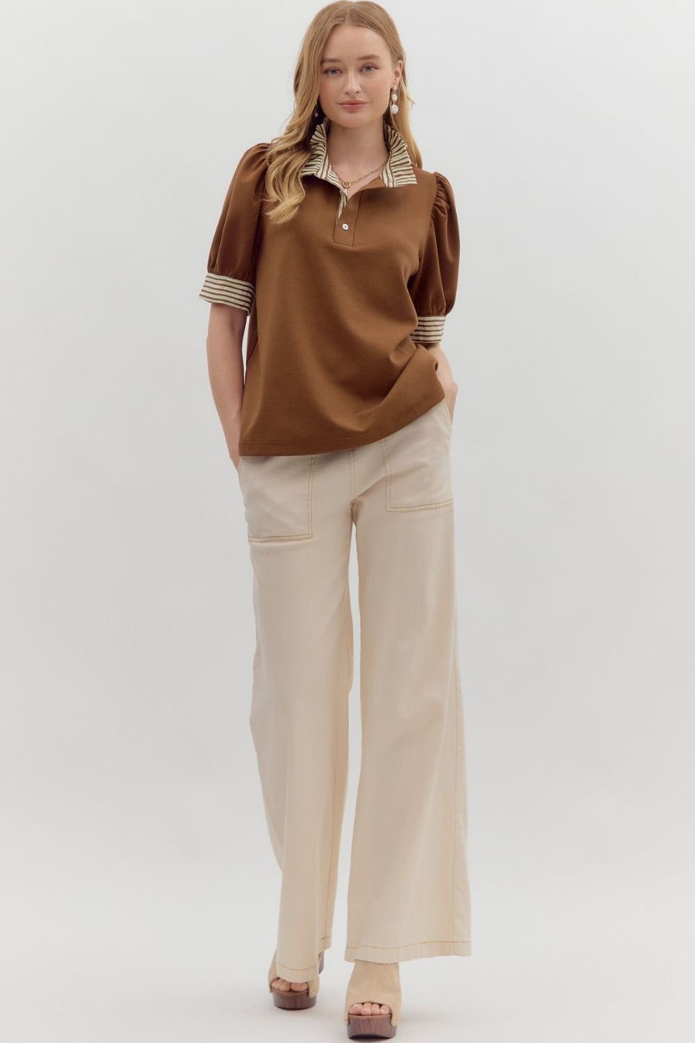 Puff Shoulder Ruffle Neck Top By Entro