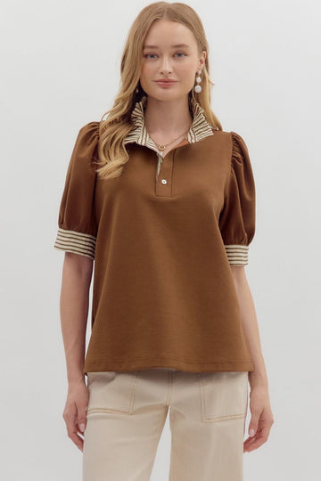 Puff Shoulder Ruffle Neck Top By Entro