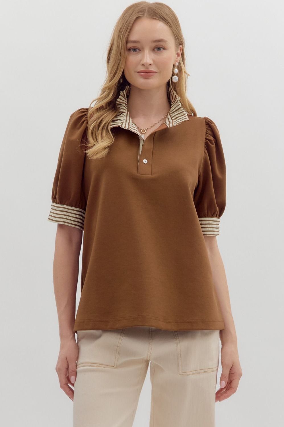 Puff Shoulder Ruffle Neck Top By Entro