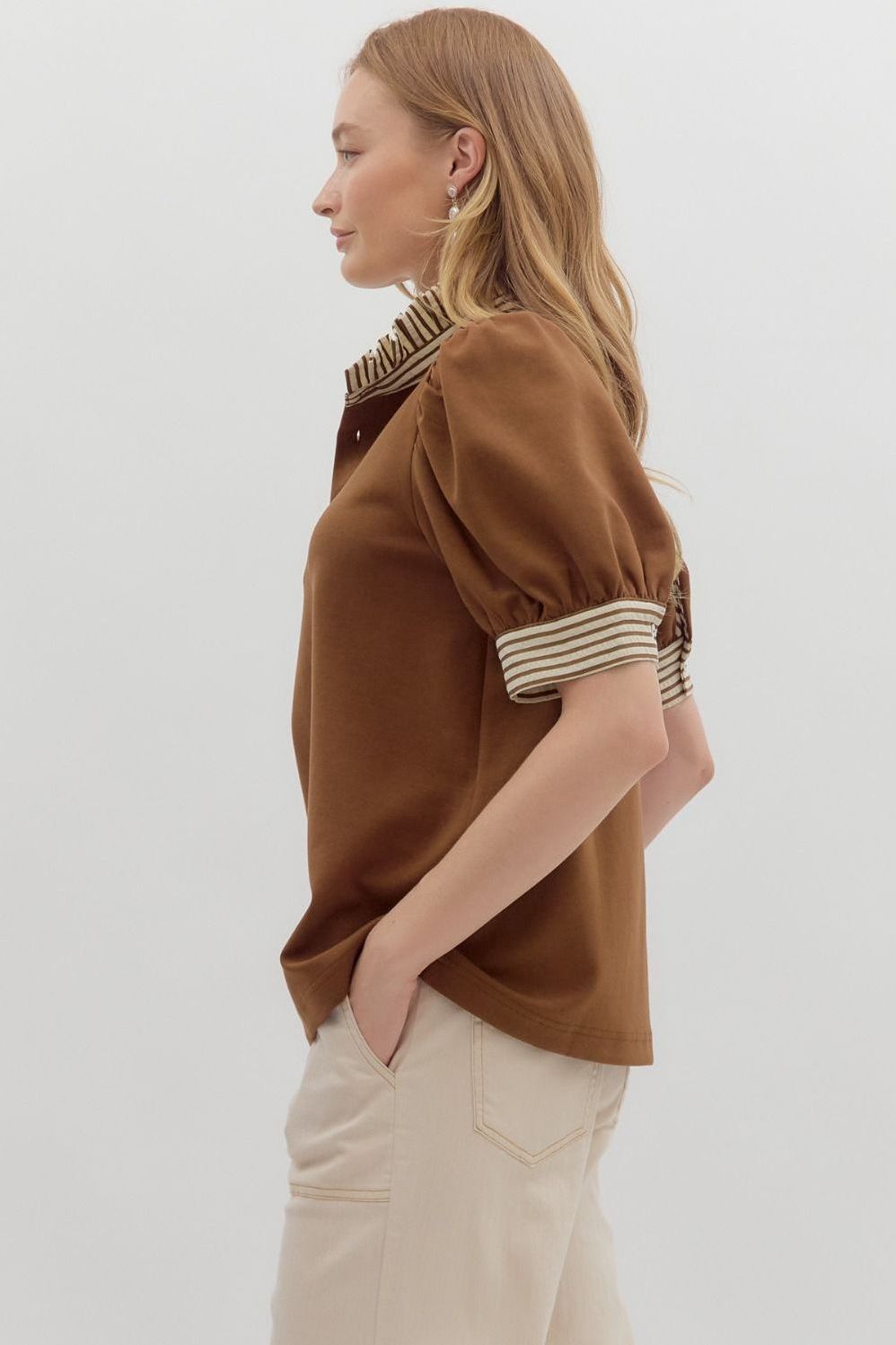 Puff Shoulder Ruffle Neck Top By Entro