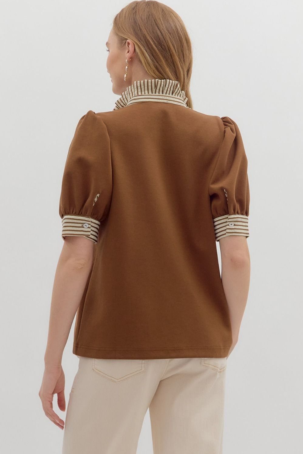 Puff Shoulder Ruffle Neck Top By Entro