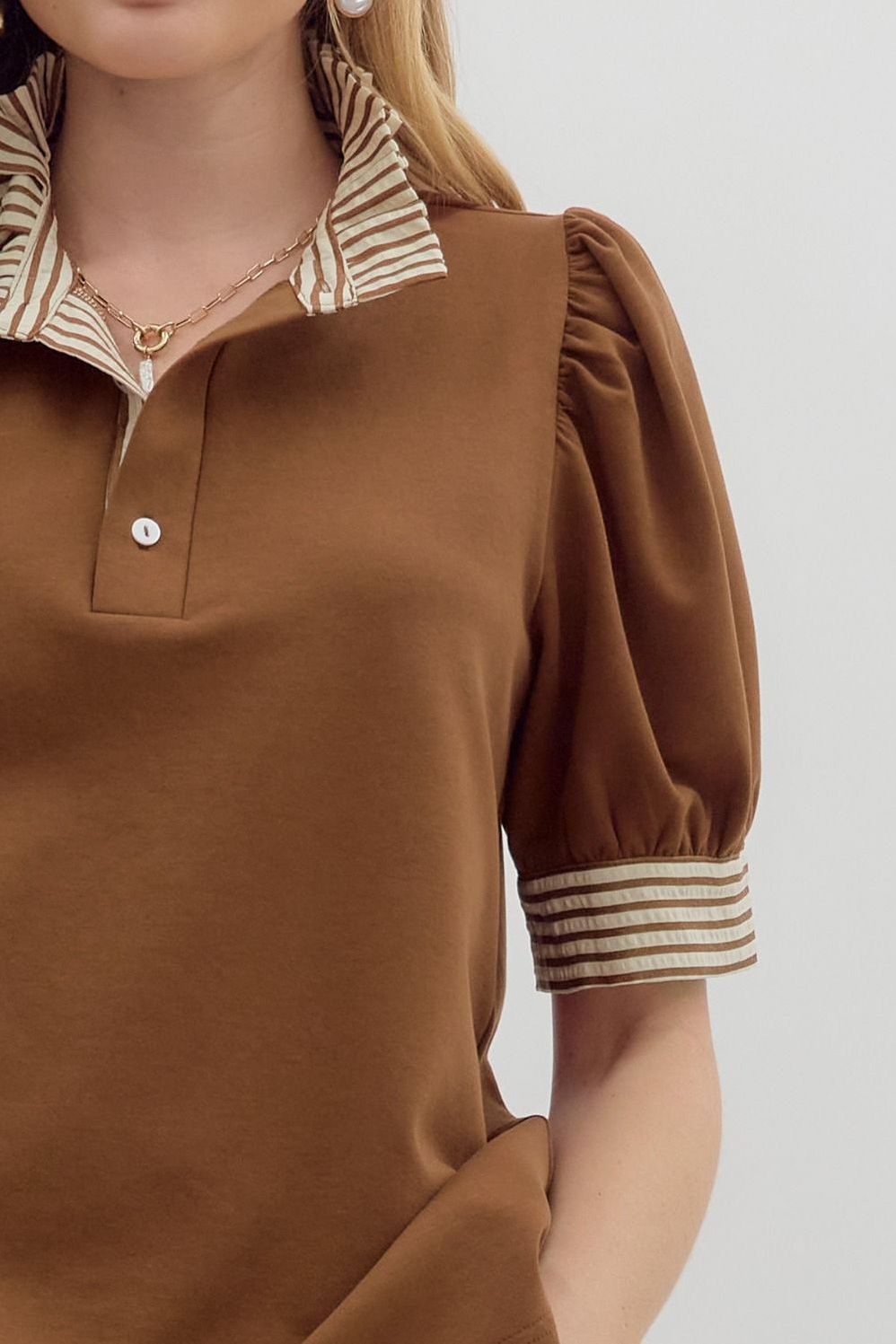 Puff Shoulder Ruffle Neck Top By Entro