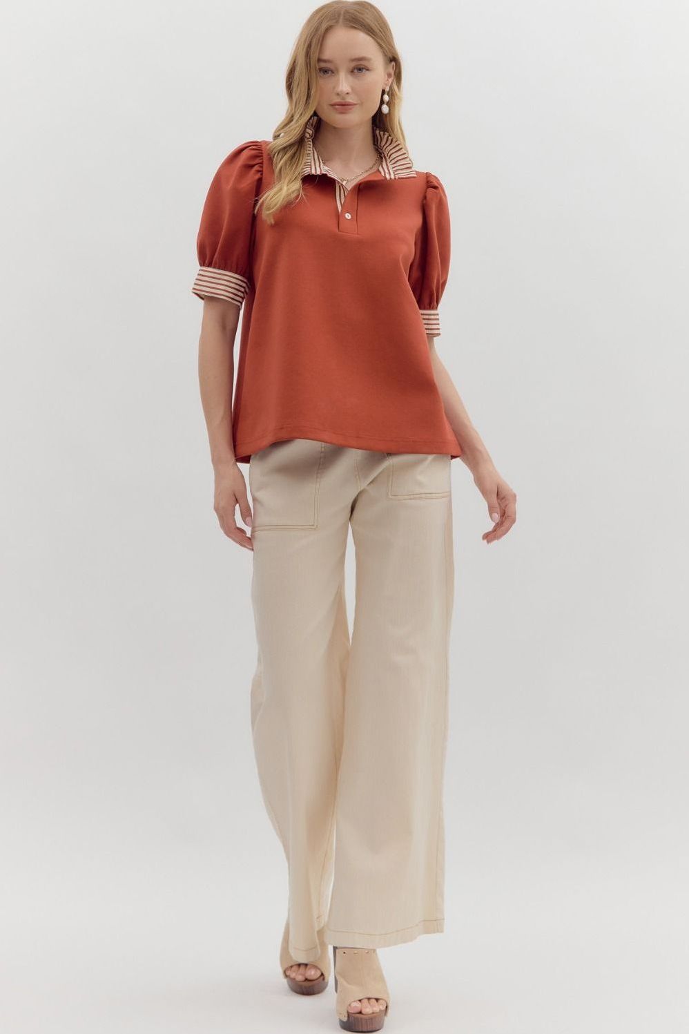 Puff Shoulder Ruffle Neck Top By Entro