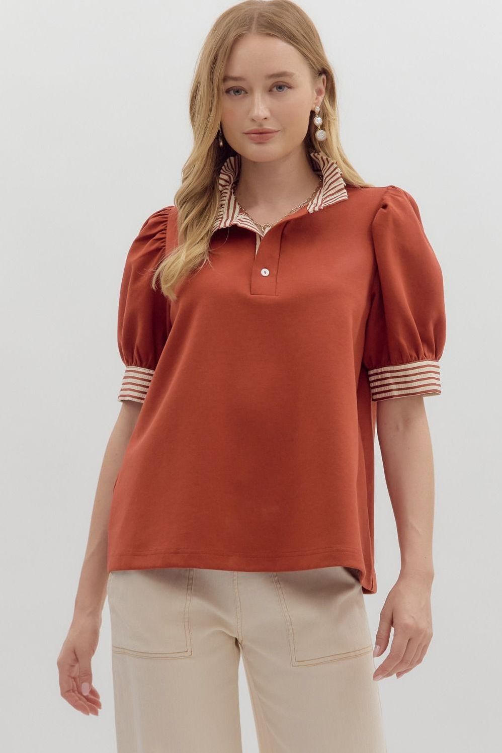 Puff Shoulder Ruffle Neck Top By Entro