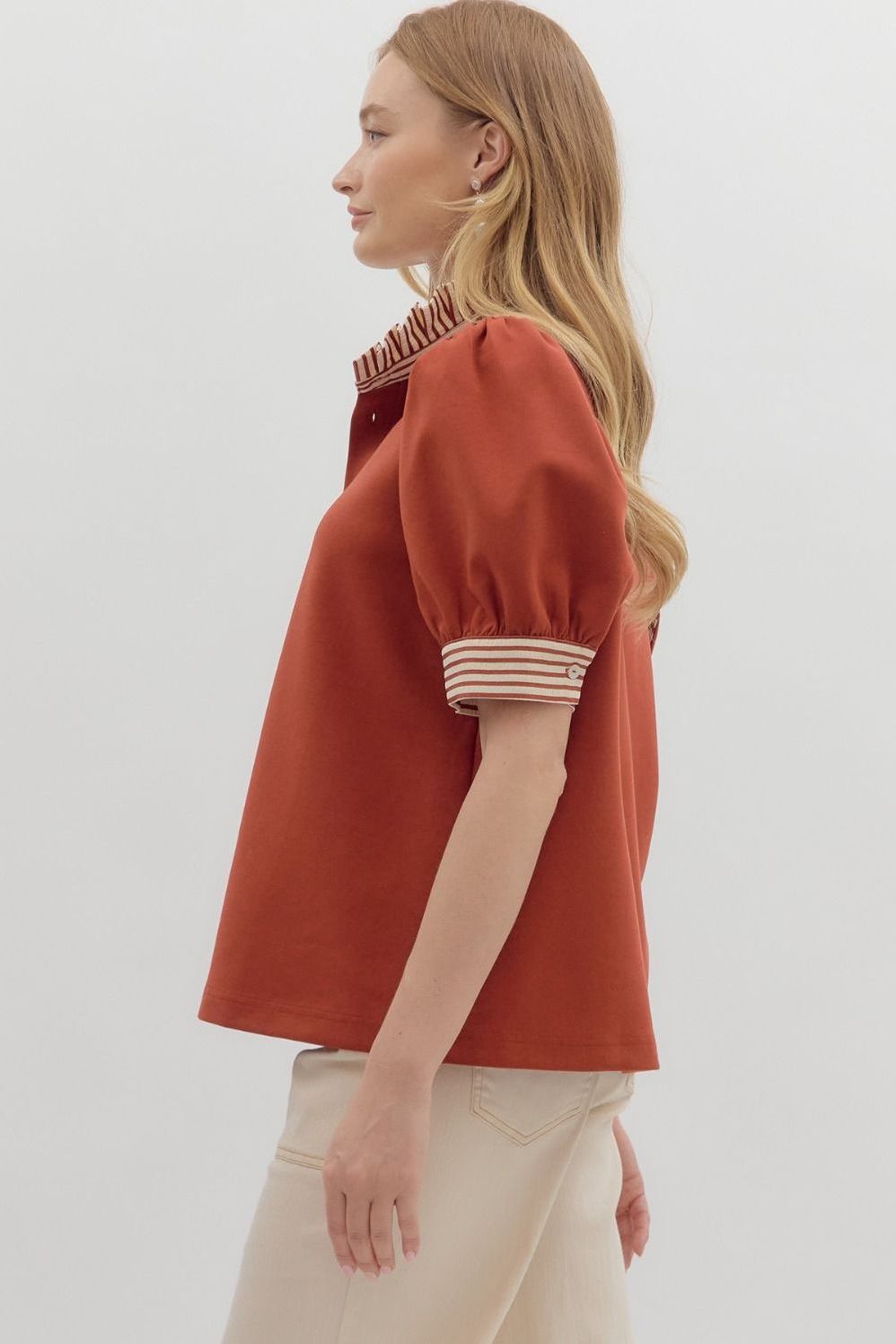 Puff Shoulder Ruffle Neck Top By Entro
