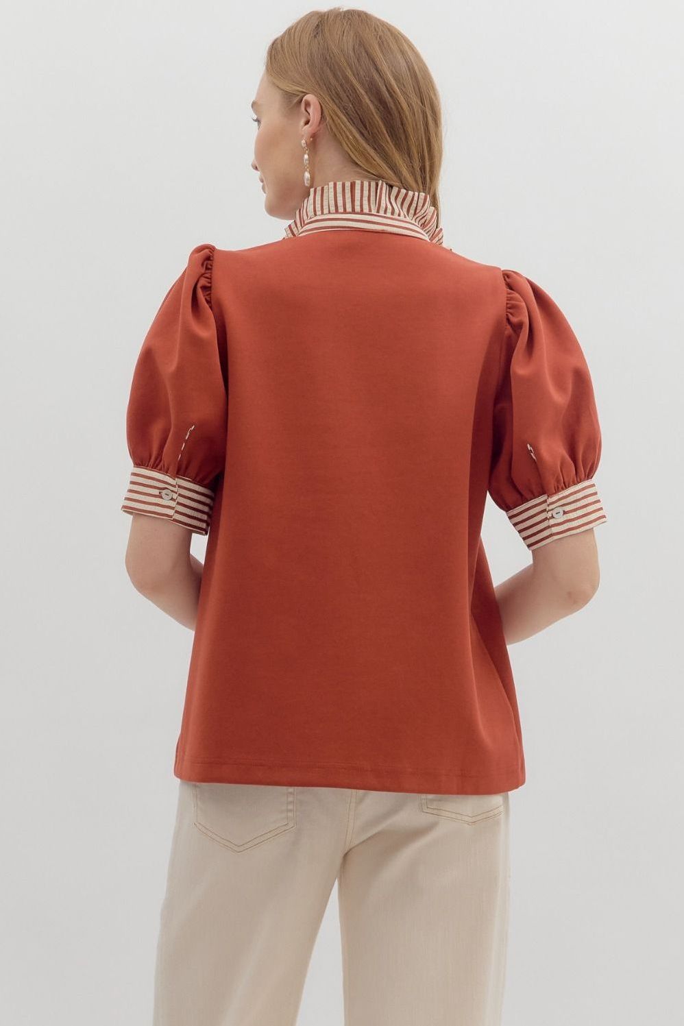 Puff Shoulder Ruffle Neck Top By Entro