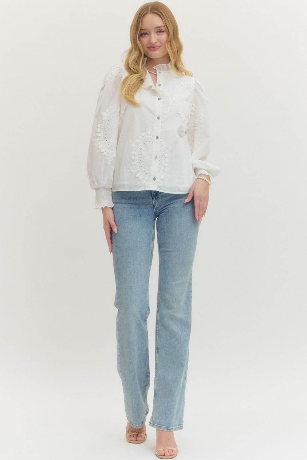 Eyelet Detail Ruffle Trim Top By Entro