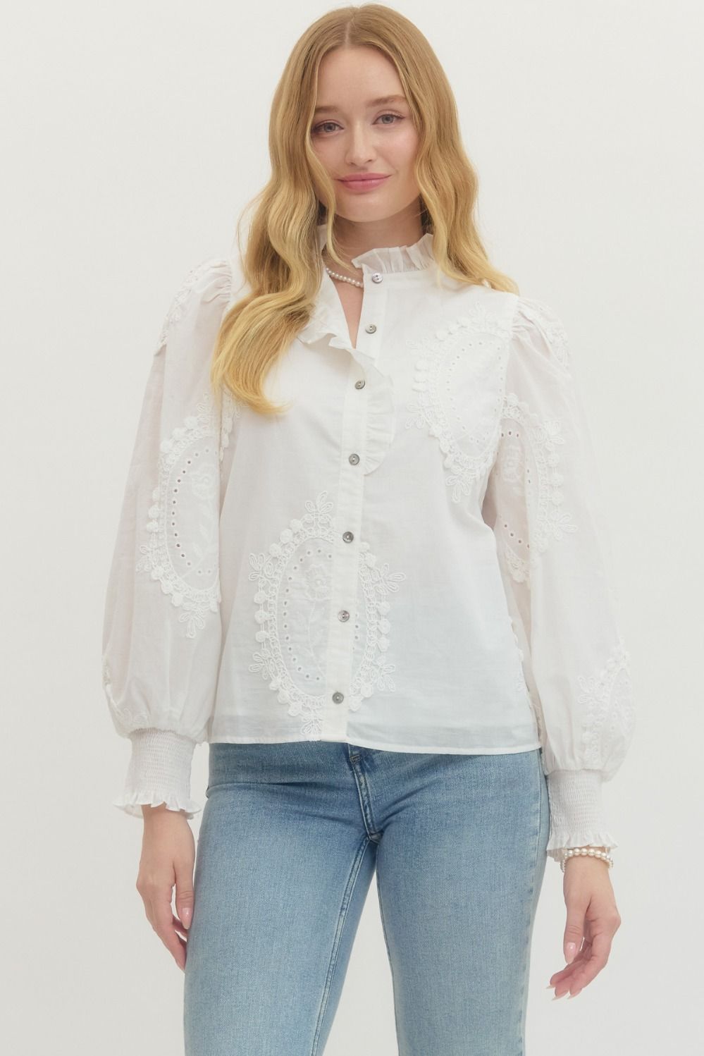 Eyelet Detail Ruffle Trim Top By Entro