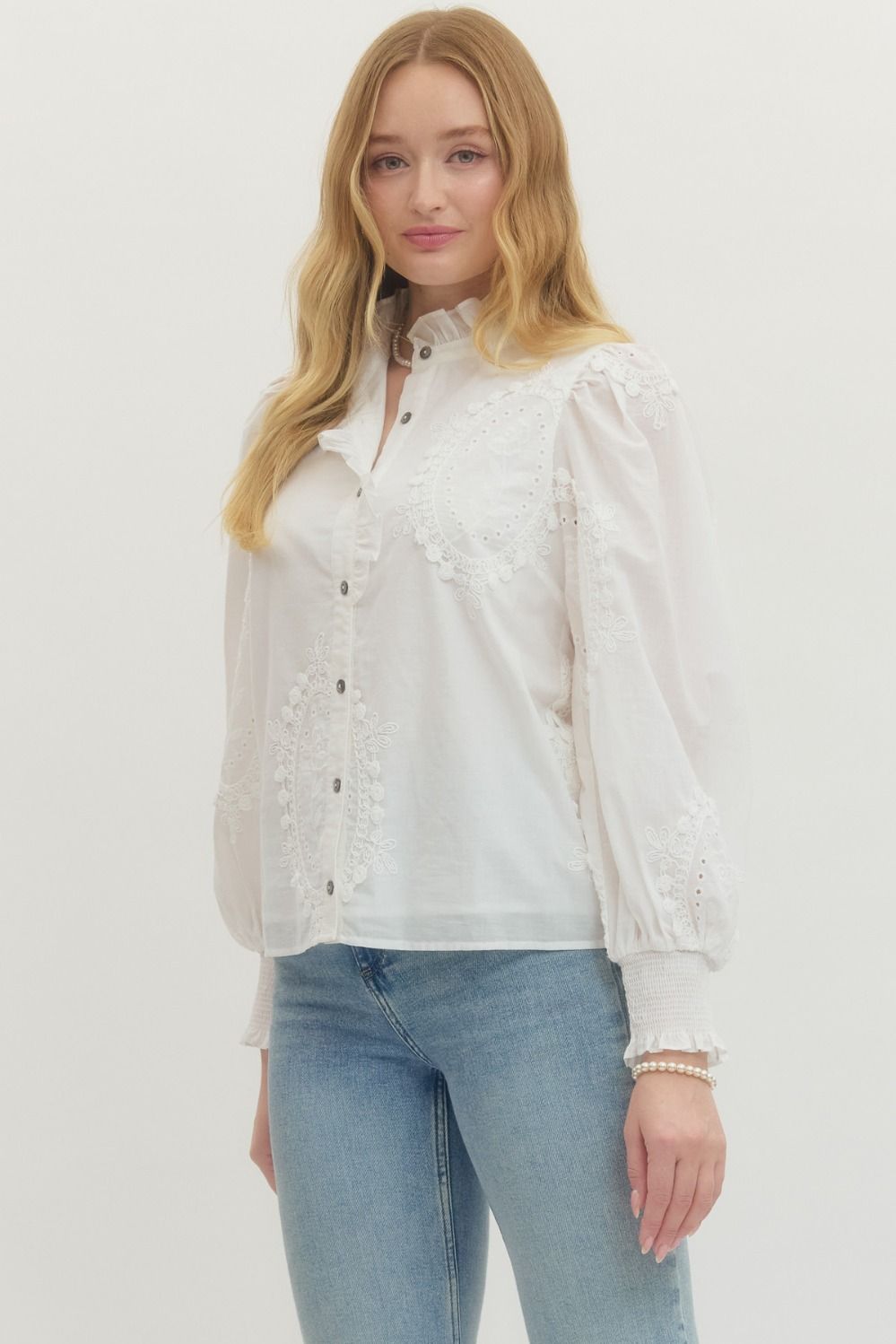 Eyelet Detail Ruffle Trim Top By Entro